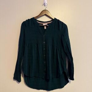 Knox Rose Women's XS Long Sleeve Smocked Blouse Dark Green Boho Feminine Indie